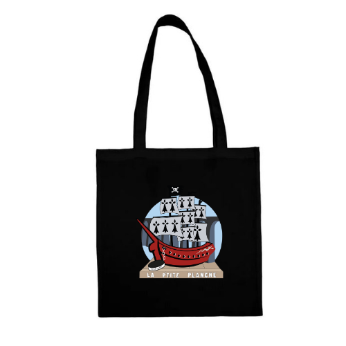 Sac cabas noir à longues anses et motif de bateau sur le devant