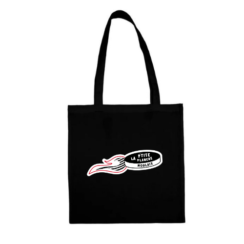 Sac cabas noir à longues anses et orné d'un petit logo blanc et rose sur le devant.