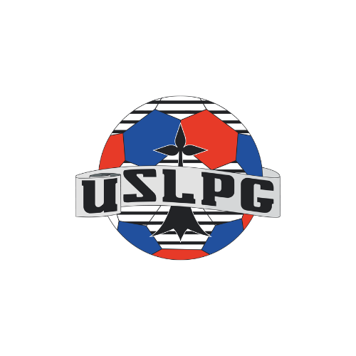 Logo de l'USLPG avec un emblème circulaire rouge, bleu et noir et des lettres grises en gras.