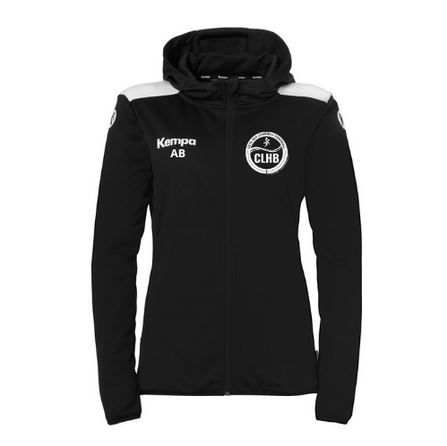 Veste noire à capuche zippée avec détails blancs et logo du club sur la poitrine