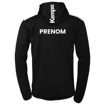 Veste noire à capuche zippée avec logos blancs Kempa et CLHE sur la poitrine