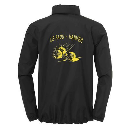 Veste de sport noire zippée avec logos et finitions jaunes sur fond blanc