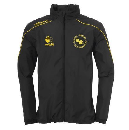 Veste de sport noire zippée avec logos et finitions jaunes sur fond blanc