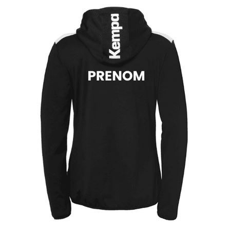 Veste noire à capuche zippée avec détails blancs et logo du club sur la poitrine