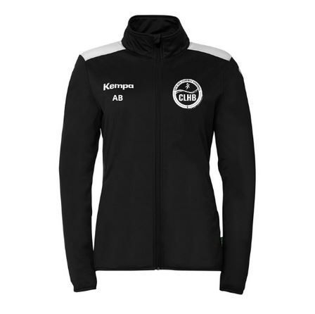 Veste de sport zippée Kempa noire avec empiècements blancs aux épaules et logo CLHB