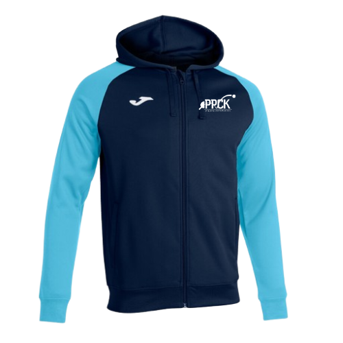 Veste à capuche zippée bleu marine et bleu clair avec logo sur la poitrine