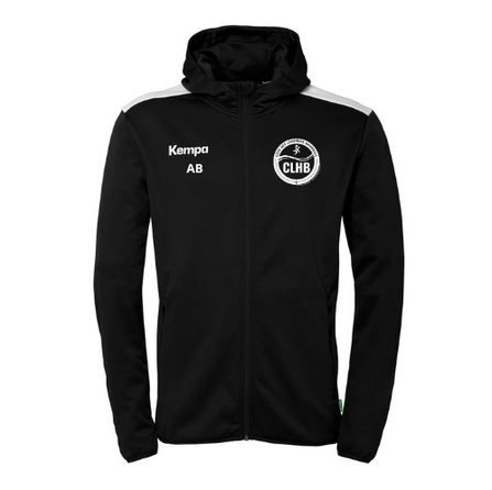 Veste noire à capuche zippée avec logos blancs Kempa et CLHE sur la poitrine
