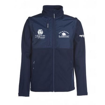 Veste zippée bleu marine avec logos blancs sur la poitrine et la manche, vue de face