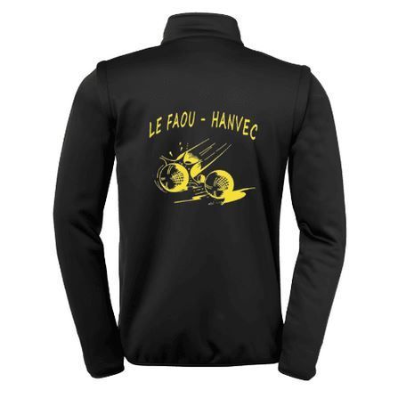 Veste noire zippée avec logos jaunes sur la poitrine et inscription de la marque en blanc sur l'épaule.