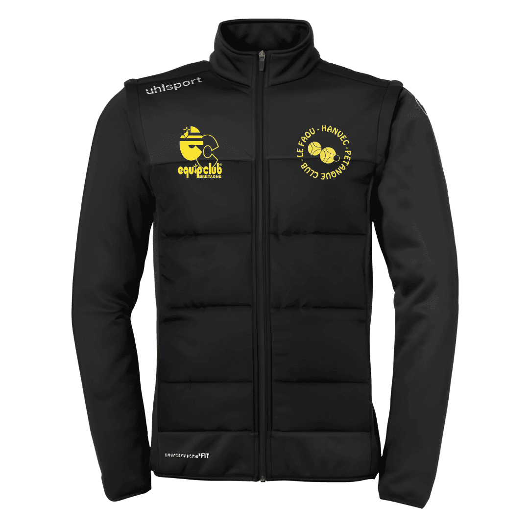 Veste noire zippée avec logos jaunes sur la poitrine et inscription de la marque en blanc sur l'épaule.