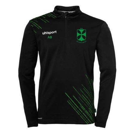 Veste de sport noire à manches longues et fermeture éclair, ornée de logos verts et de détails verts en diagonale.