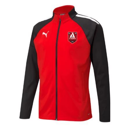 Veste de survêtement Puma rouge et noire à fermeture éclair avec détails blancs et écusson de l'équipe