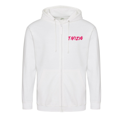 Sweat à capuche blanc zippé avec logo rose « TWIZIO » sur la poitrine