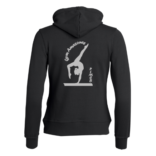 Sweat-shirt à capuche noir avec un petit logo blanc sur la poitrine, vu de face sur fond blanc.