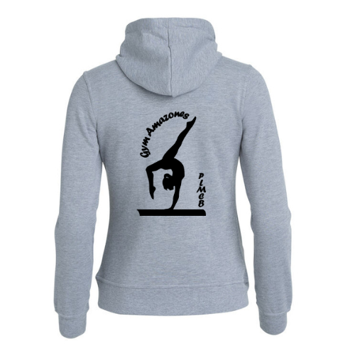 Sweat à capuche gris clair zippé avec logo noir sur la poitrine, vu de face sur fond blanc