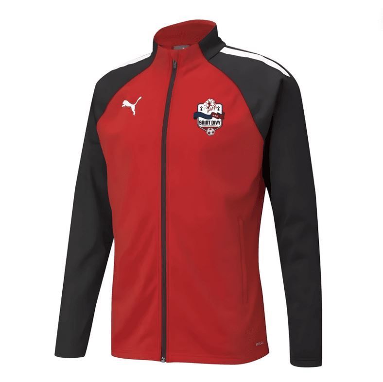 Veste de sport zippée Puma rouge et noire avec logo écusson sur la poitrine