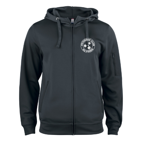 Sweat à capuche noir zippé avec cordon de serrage et petit logo blanc sur la poitrine et poche sur la manche