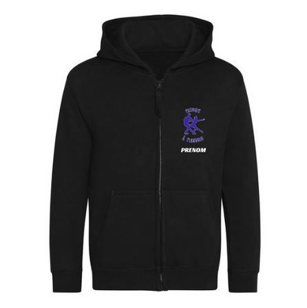 Sweat à capuche noir zippé avec un motif violet sur la poitrine, vue de face