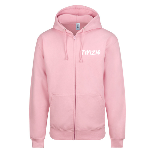 Sweat à capuche blanc zippé avec logo rose « TWIZIO » sur la poitrine