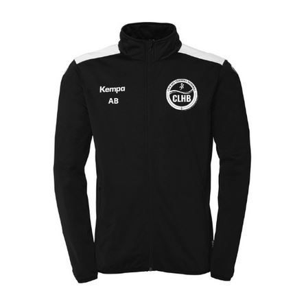 Veste de sport noire zippée avec empiècements blancs aux épaules et logo CLHB sur la poitrine