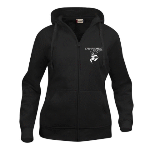 Sweat-shirt noir à capuche zippé avec logo blanc sur la poitrine et les poignets.