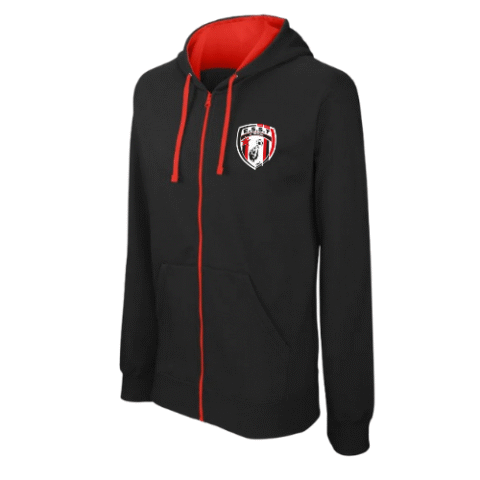 Sweat à capuche noir zippé avec doublure rouge, cordons de serrage rouges et petit logo écusson sur la poitrine