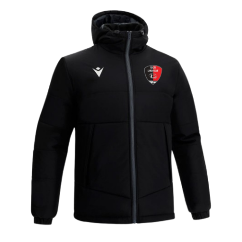 Veste noire à capuche zippée avec logo blanc et écusson rouge sur la poitrine