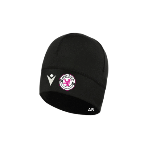 Bonnet en maille noire avec logo circulaire rose et blanc et petites initiales blanches