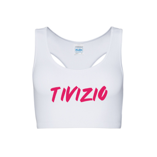 Soutien-gorge de sport blanc avec l'inscription « TIVIZIO » en rose sur le devant