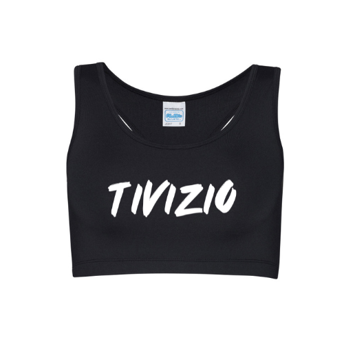 Soutien-gorge de sport blanc avec l'inscription « TIVIZIO » en rose sur le devant