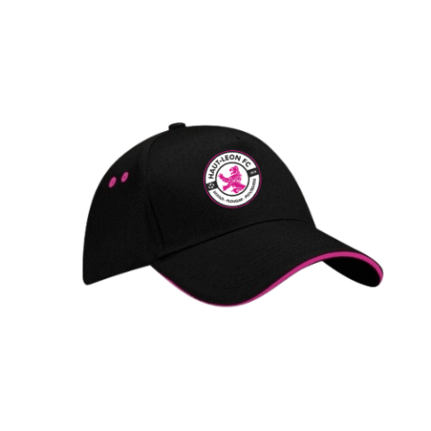 Casquette de baseball noire avec bordure rose et logo circulaire rose et blanc sur le devant