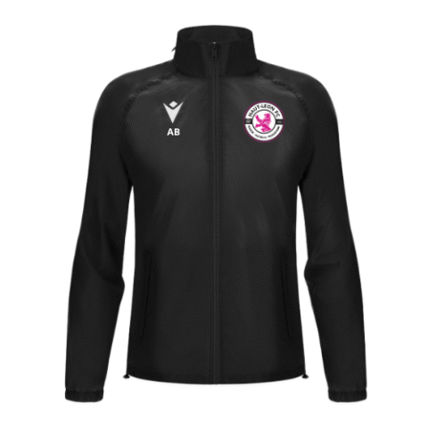 Veste de sport noire zippée avec logo du club et initiales sur la poitrine