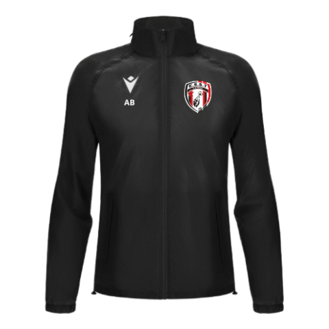 Veste de sport noire zippée avec logo blanc et écusson rouge et blanc sur la poitrine