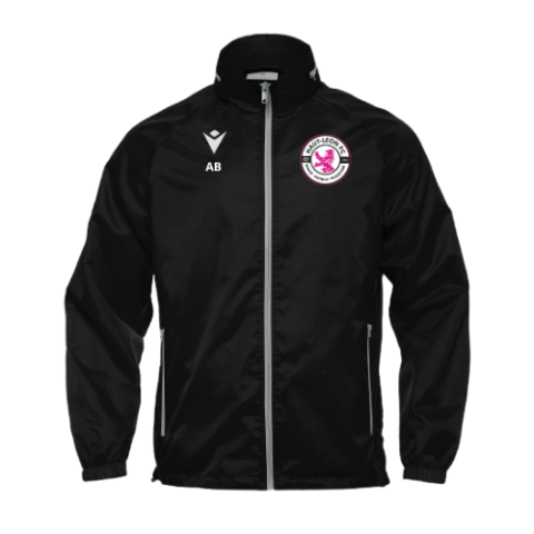 Veste noire zippée avec bordures blanches, écusson du club et initiales sur la poitrine.