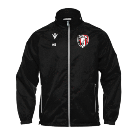 Veste de sport noire zippée avec détails blancs et logo écusson sur la poitrine