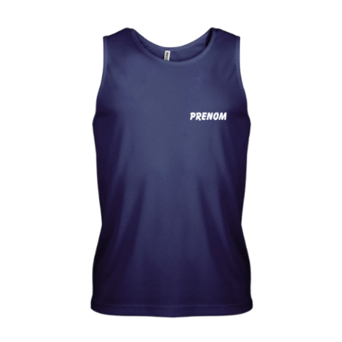 Débardeur de sport bleu marine sans manches avec l'inscription « PRENOM » imprimée sur la poitrine
