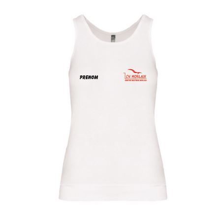 Débardeur blanc avec petits logos noirs et rouges sur fond uni.