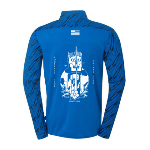 Haut de sport bleu à manches longues avec empiècements noirs à motifs aux épaules et logo blanc sur la poitrine