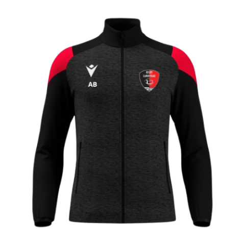 Veste de sport zippée noire et grise avec empiècements rouges aux épaules et logos sur la poitrine