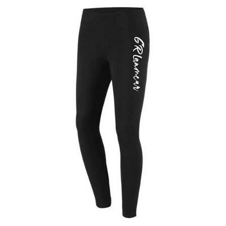 Legging noir avec inscription verticale blanche sur la jambe, sur fond blanc