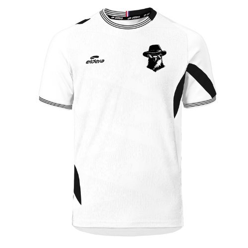 Maillot de sport rose à manches courtes avec détails et logos blancs, présenté sur fond uni