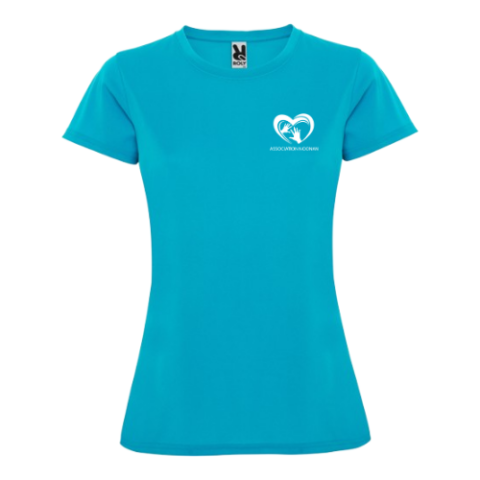 T-shirt turquoise à col en V avec un petit logo en forme de cœur blanc sur la poitrine