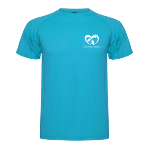 T-shirt turquoise à manches courtes avec un petit logo en forme de cœur blanc sur la poitrine