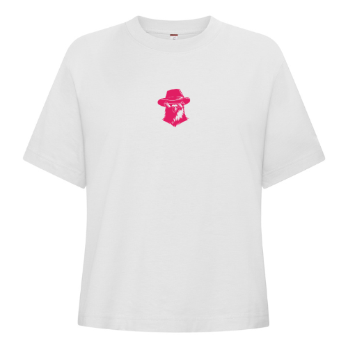 T-shirt blanc avec un petit motif rose centré sur la poitrine