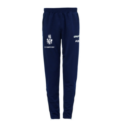 Pantalon de survêtement bleu marine avec logos blancs sur les cuisses.