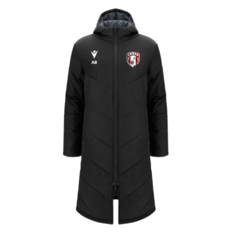 Manteau long noir à capuche avec écusson et initiales de l'équipe, vue de face