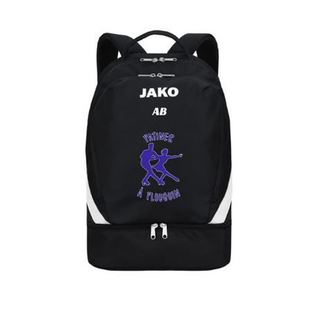 Sac à dos JAKO noir avec bordure blanche, logo violet et poche avant zippée