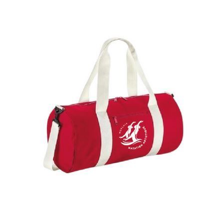 Sac de sport rouge et blanc avec bandoulière et logo, sur fond blanc