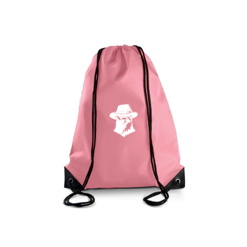 Sac à dos blanc à cordon avec bordures noires et logo de cowboy masqué noir.