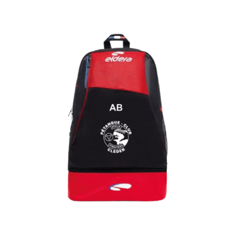 Sac à dos rouge et noir avec logo blanc et initiales « AB » sur le devant.